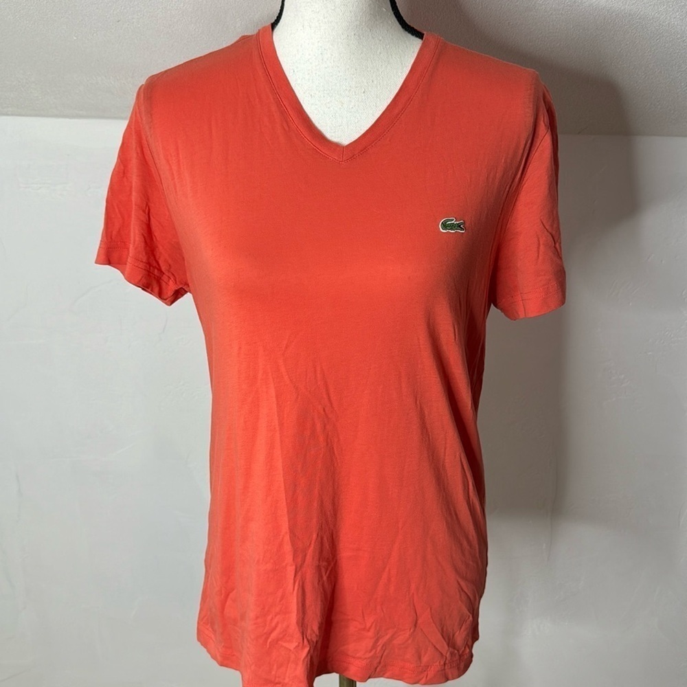 Lacoste Watermelon Color V-neck T-shirt Ladies Cut Size 4